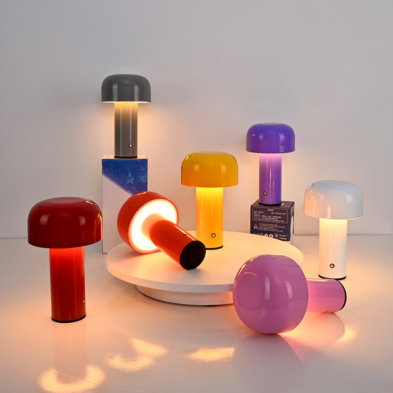 Hot sales led rechargeable cordless chargeable moveable camping light restaurant metal portable led colorful mushroom table lamp