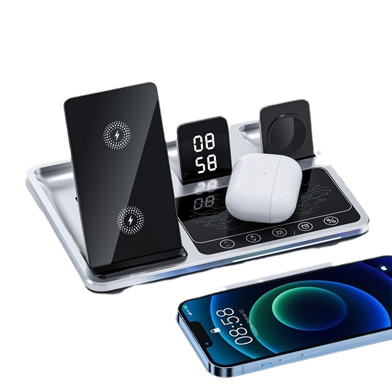Portable Foldable Touch Control With LED Light Clock Fast Charging Station 4 In 1 Wireless Charger