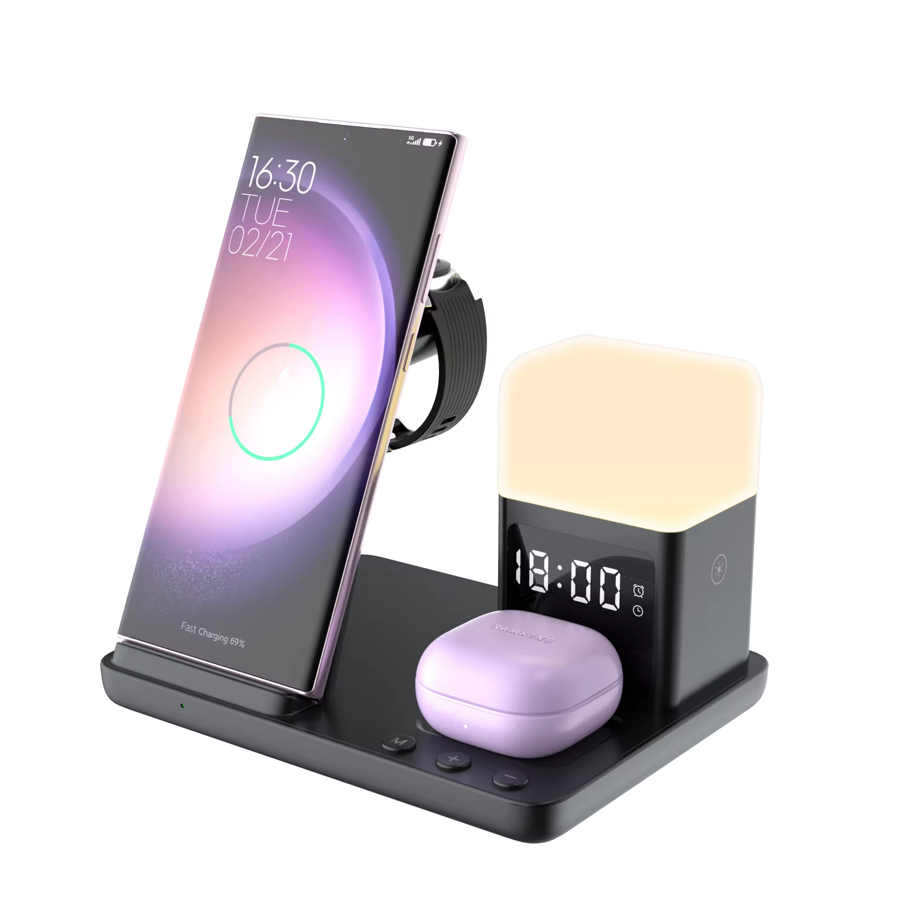 Fast Charging Holder With Clock + Night Lamp + Earbuds/watch Fast Charge Wireless Charger Wireless Charging Alarm Clock
