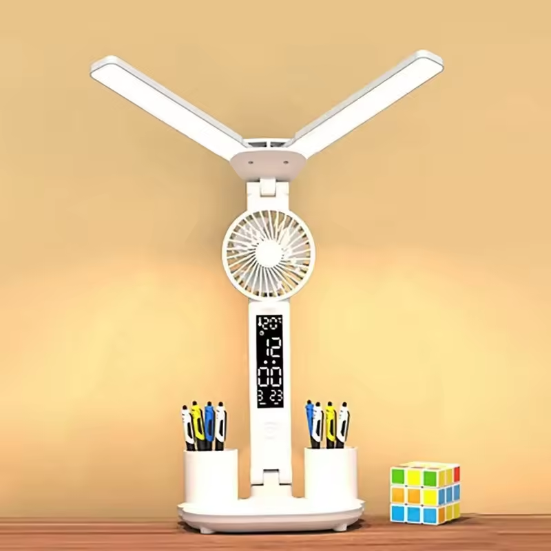 Lightbadi Multi-functional intelligent learning desk lamp Fan with clock for summer use